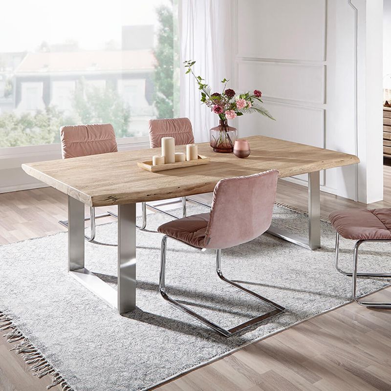Mesa de madera maciza en tono marrón, mesa con base de trineo de lujo para comedor