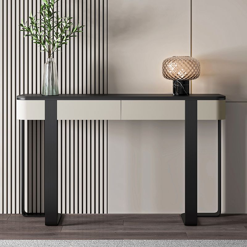Modern Half Moon Console Table Stone Console Sofa Table in Gold/Grey/Black