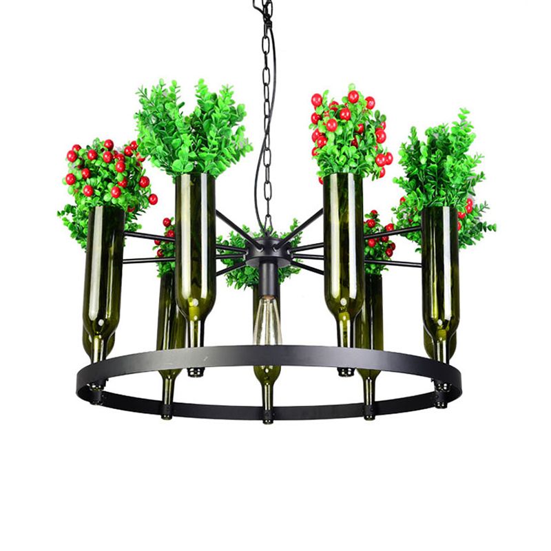 7/10 Heads Round Chandelier Lamp Industrial Green Metal Hanging Ceiling Light with Plant Decoration