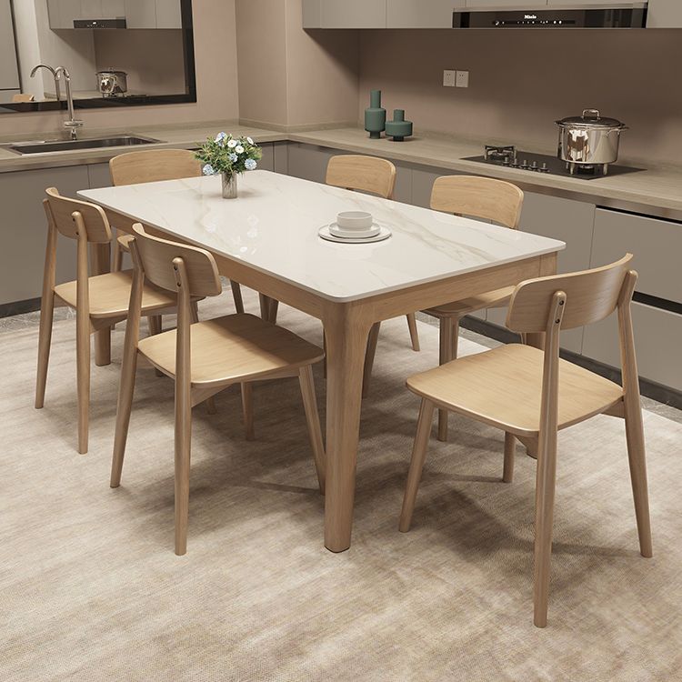 Modern White Stone Top Dining Table Rectangular Tabletop with Wood Legs