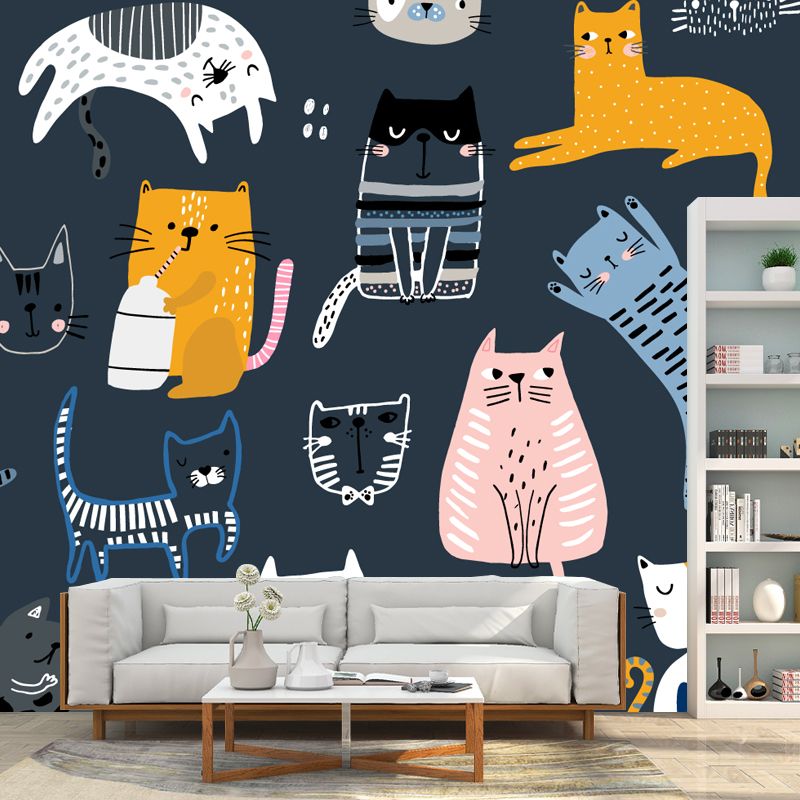 Kawaii Cats Wallpaper Mural for Child Room, Pink-Yellow-Blue, Custom Size Available