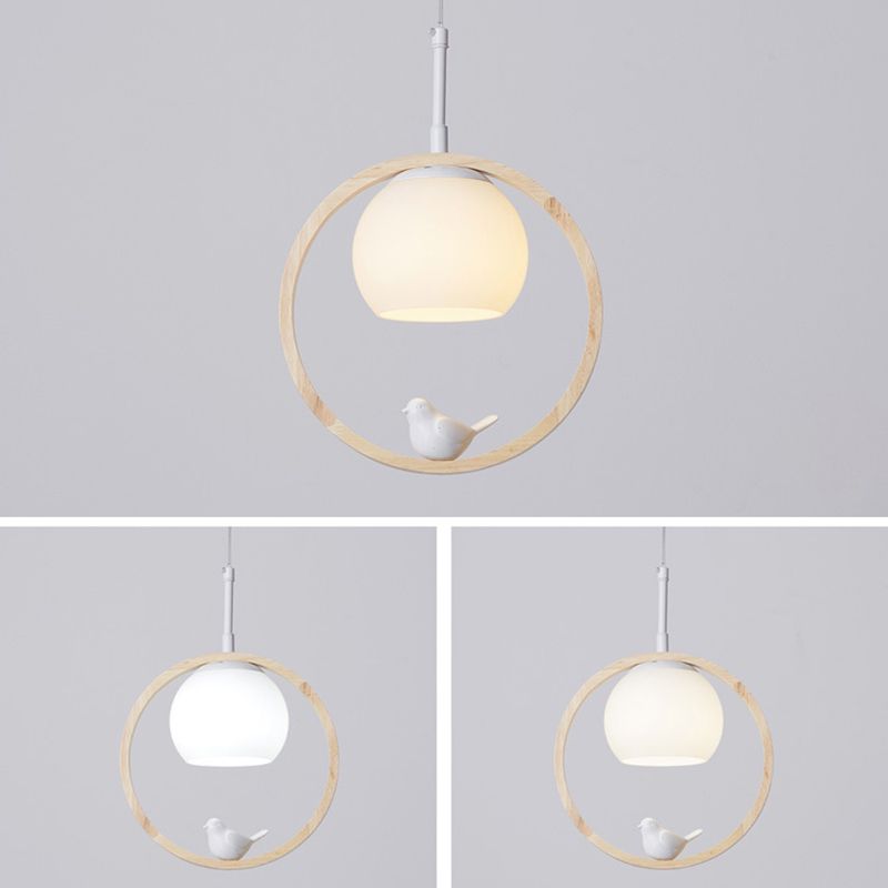 Dome Shade White Glass Pendant Nordic Style Wood Suspension Light with Ring and Bird