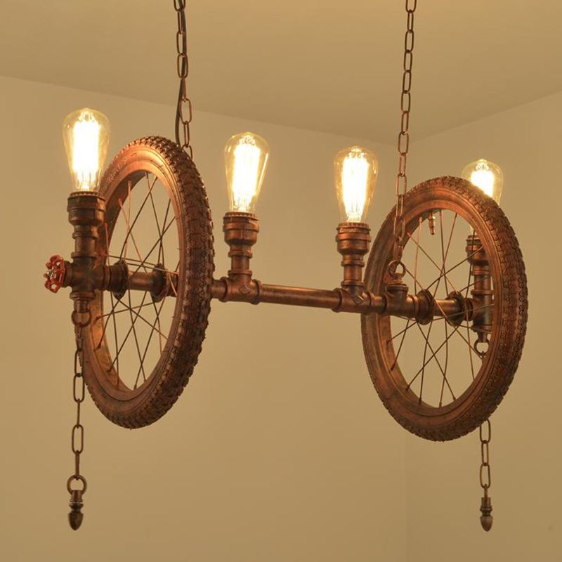4-Bulb Metal Hanging Light Kit Industrial Weathered Copper Wheel Dining Room Island Lighting Fixture