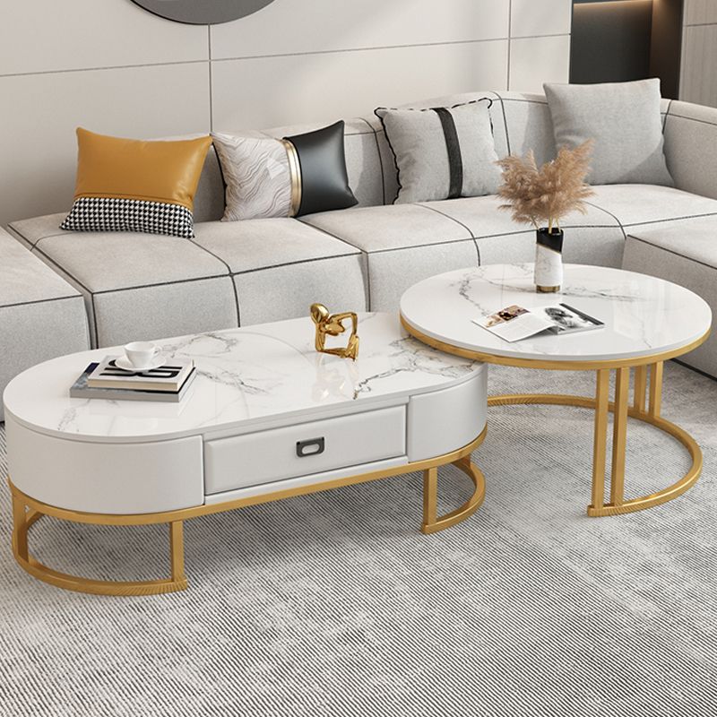 Glam Nesting Coffee Table Set Frame Round Slate Coffee Table with Drawer