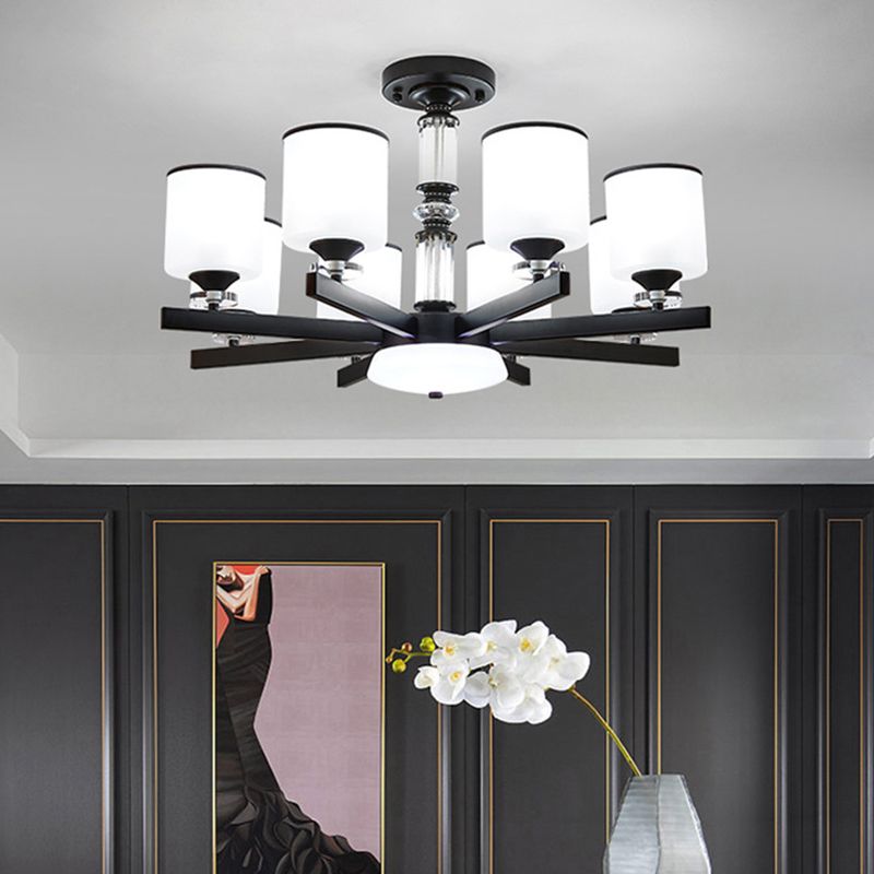 Milky Glass Cup Chandelier Modern Style Black Finish Hanging Light for Living Room