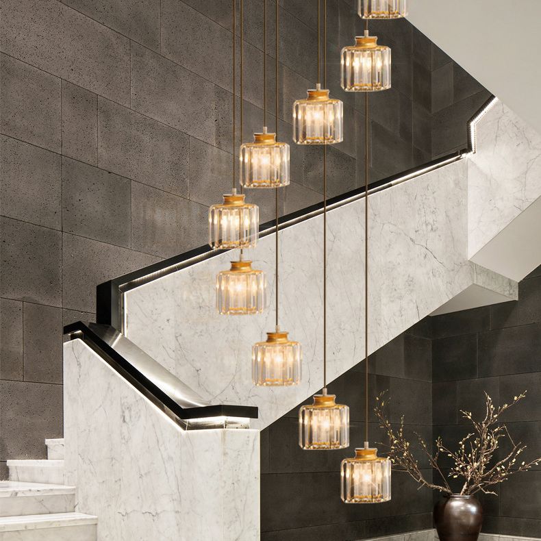 Gold Stairway Cluster Pendant Light in Modern Luxury Style Wrought Iron Hanging Light with Crystal Shade