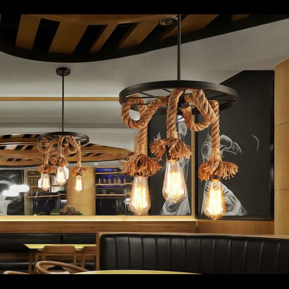 Lámpara de araña colgante negro de estilo retro de la rueda de la cuerda del lámpara de iluminación de la lámpara