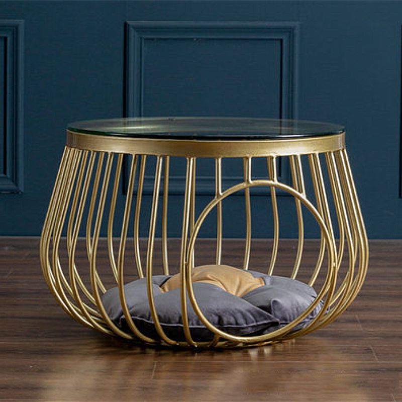 Glam Slate/Glass Top Coffee Table Dia 21.7" Frame Cocktail Table with Storage
