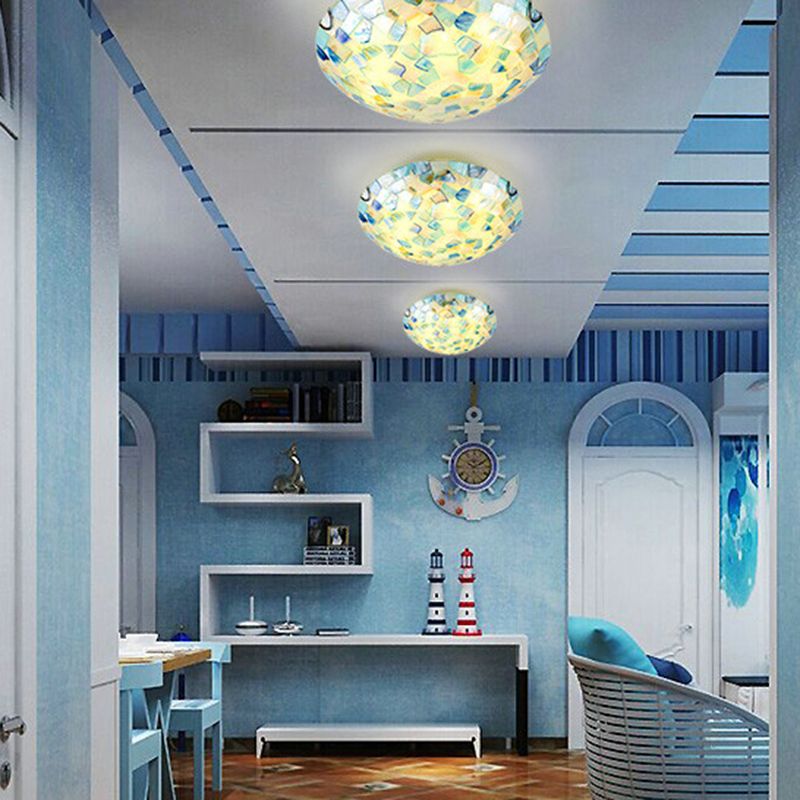 Tiffany Style Mosaic Shade Flush Ceiling Light Shell Flush Mount Lighting Fixture for Bedroom