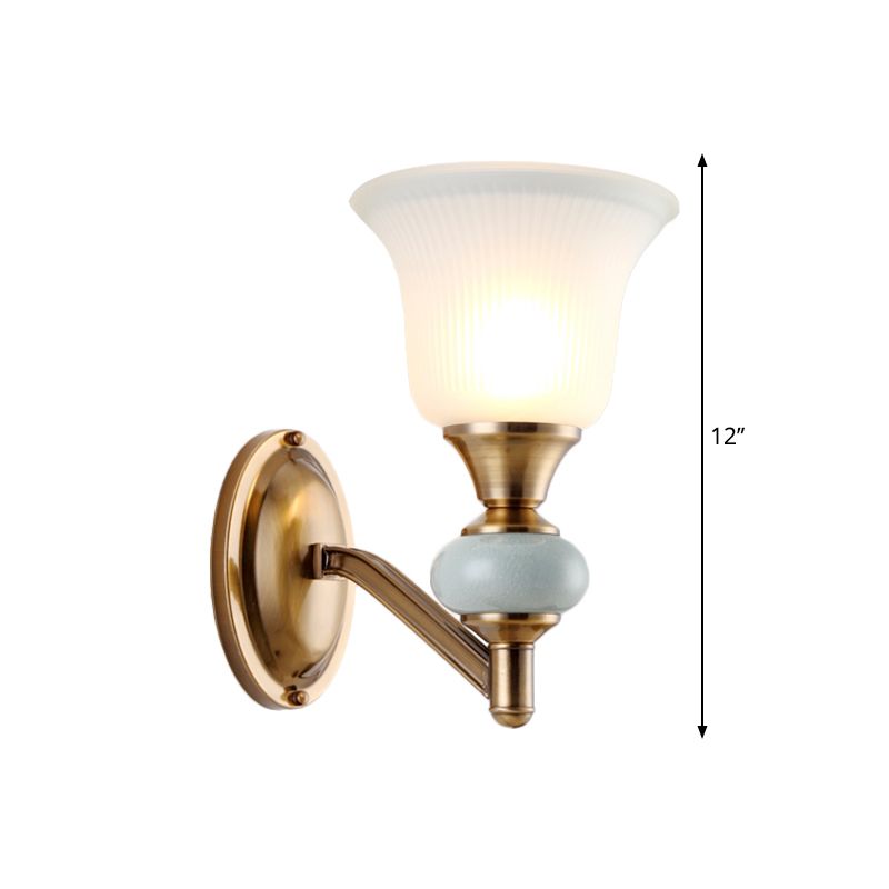 1/2-Head Wall Lighting Fixture with Bell Shade Frosted Glass Vintage Bedroom Wall Light in Brass