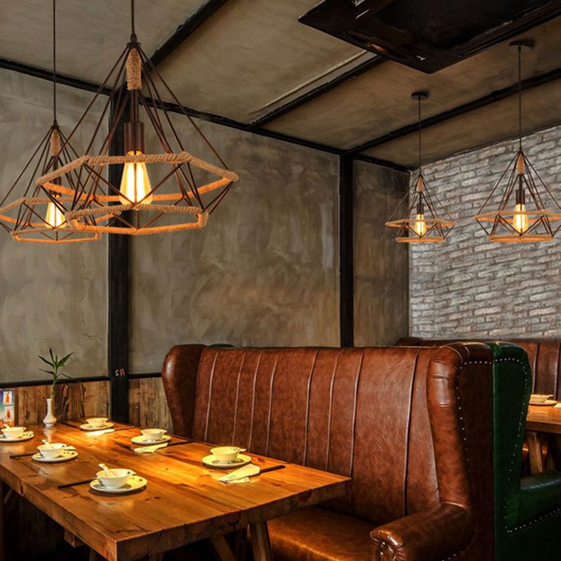 Diamond Cage Rope Ceiling Pendant Light Vintage Style Restaurant Pendant Ceiling Light in Beige