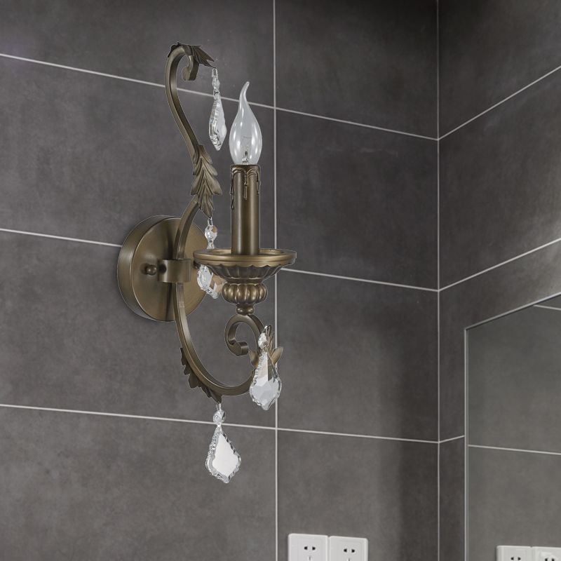 Rustic Candlestick Wall Lighting Fixture 1 Bulb Iron Wall Mounted Lamp in Bronze with Dangling Crystal Accent