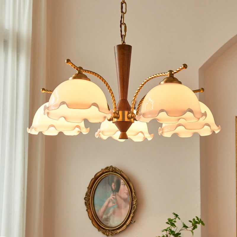 Nordic Chandelier Wooden Dining Room Suspension Light with Glass Shade