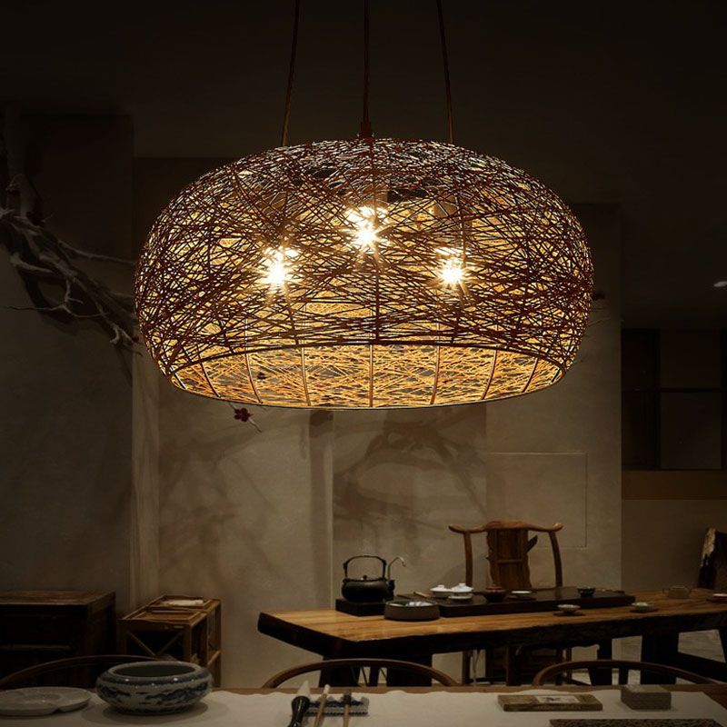 Dome Shade Restaurant lustre Light Rattan 3 Heads Chinois Pendant Lightture