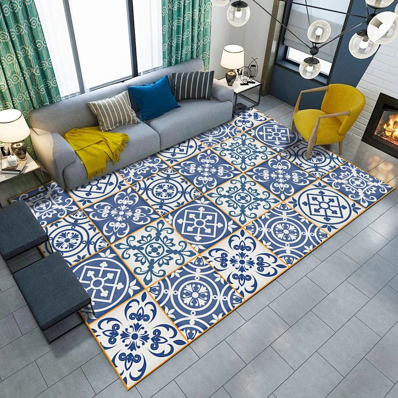 Blue and White Bedroom Rug Moroccan Flower Circle Square Pattern Rug Polyester Machine Washable Carpet