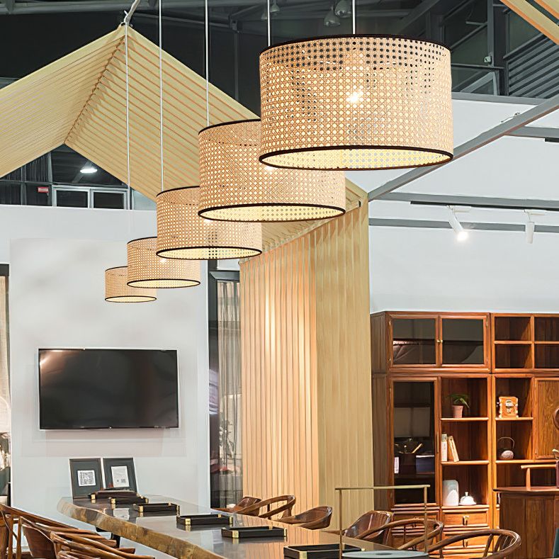 Bamboo Drum-Shaped Ceiling Pendant Lamp Modern Style Suspension Pendant Light in Beige