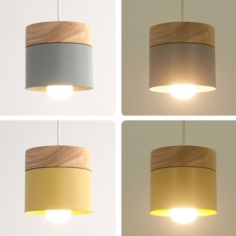 Wooden Cylindroid Pendant Light in Modern Artistic Style Iron Macaron Hanging Lamp for Dining Room