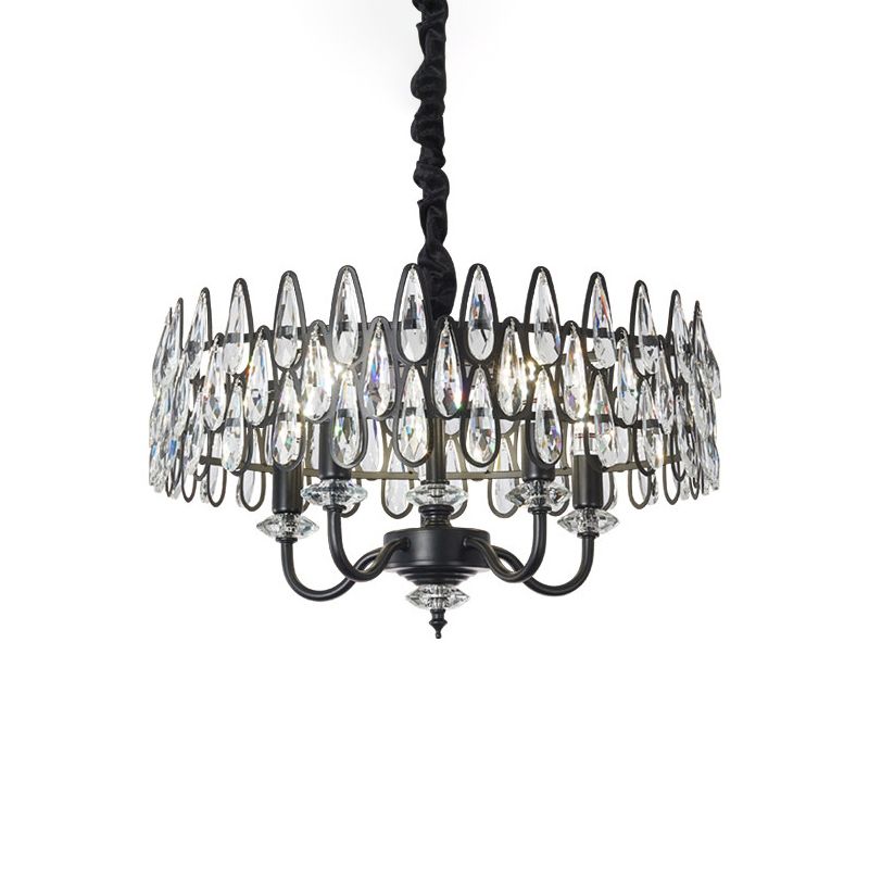 Black Teardrop Ceiling Chandelier with Drum Design Modernism 4-Light Faceted Crystal Hanging Pendant Lamp