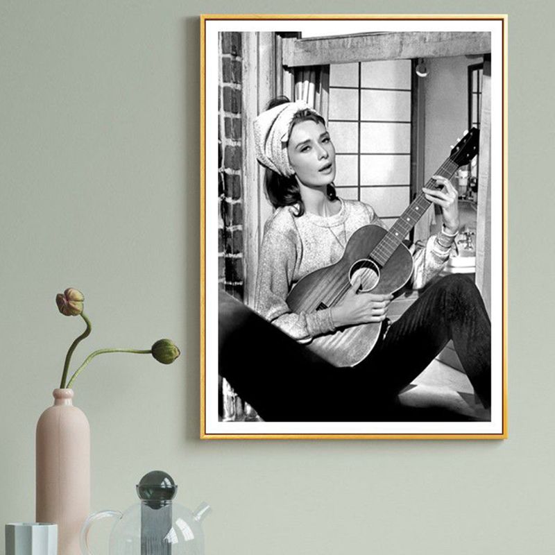 Guitar and Maiden Wall Art Decor Gray Glam Style Wrapped Canvas for Girls Bedroom