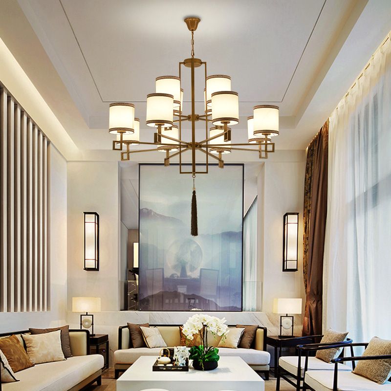 Cylindrical Fabric Suspension Lamp Retro Lobby Living Room Chandelier with Tassel