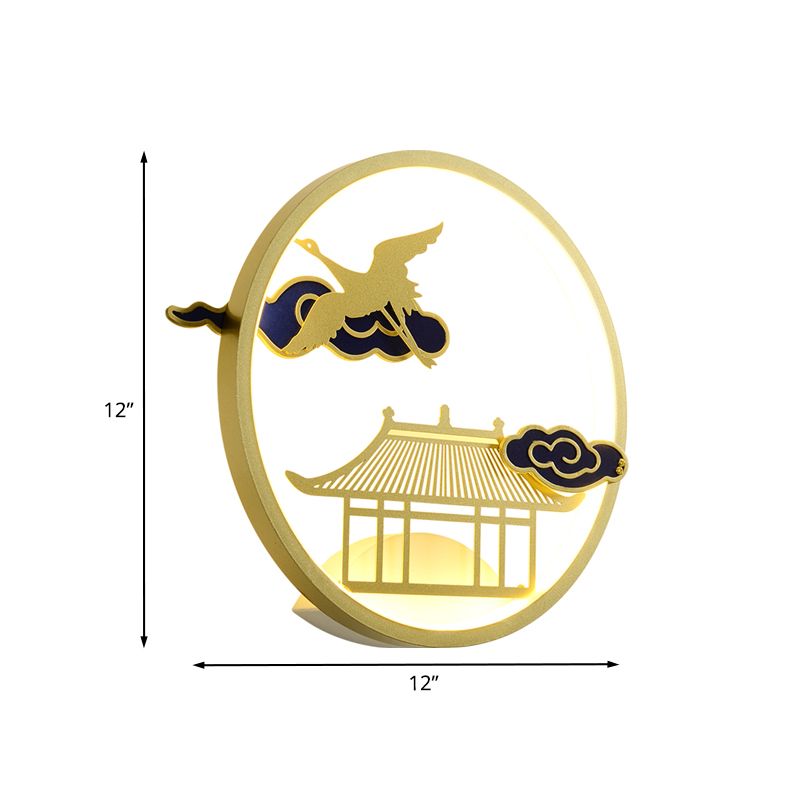 Circular Crane and House Wall Lighting Asia Style Metallic LED Hallway Wall Mural Light in Gold