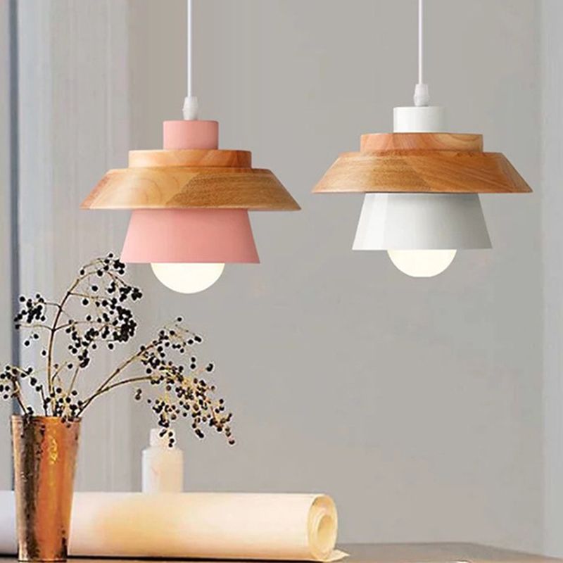 Saucer Cup Dining Room Hanging Lamp Metal and Wood 1 Bulb Nordic Pendant Light Fixture