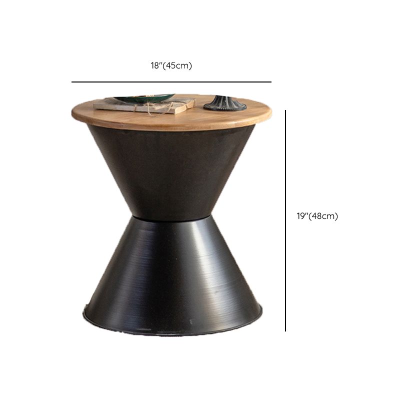 Round Solid Wood Top Coffee Table Iron Pedestal Cocktail Table