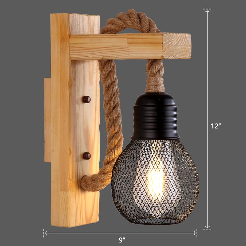 Wooden L Shaped Wall Bracket Lantern Farmhouse 1 Bulb Bedroom Wall Light with Rope Arm