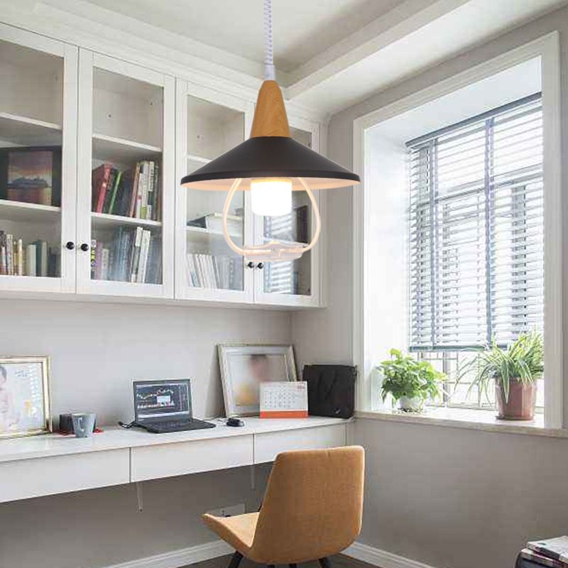 Modern Nordic Macaron Hanging Lamp Wooden Tapered Pendant Light with Aluminium Shade