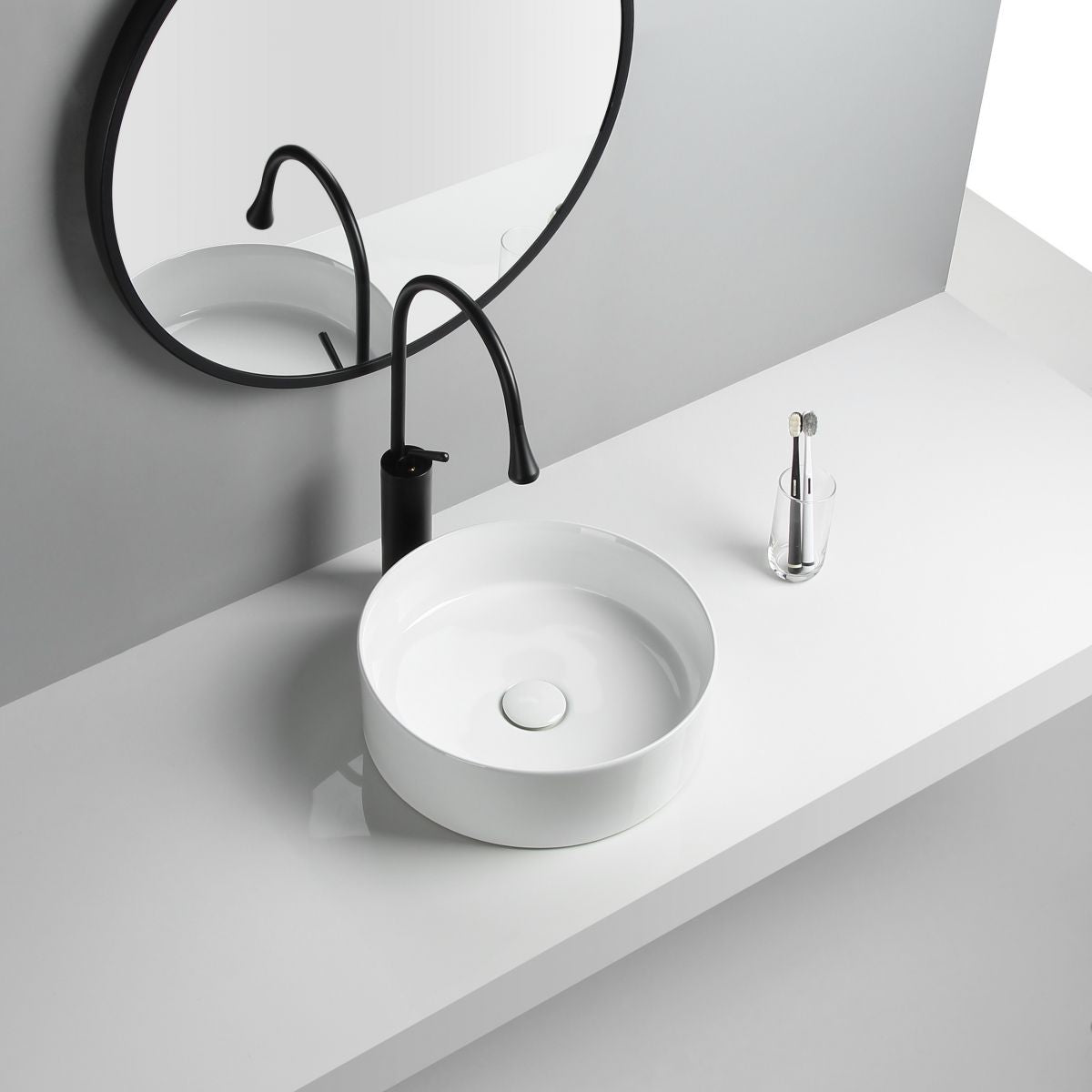 Modern Vessel Sink Round Porcelain Drain Assembly and Faucet Vessel Lavatory Sink