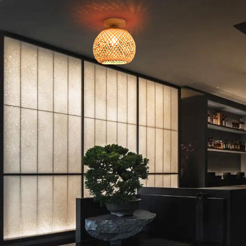 Asia Sphere Ceiling Flush Mount Bamboo Ceiling Mounted Fixture in Beige