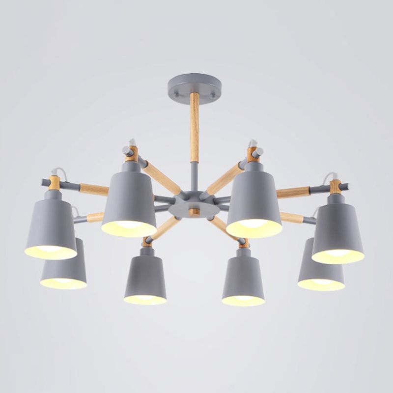 Cone Shade Metal Hanging Lamp Macaron Style Wood Chandelier for Living Room