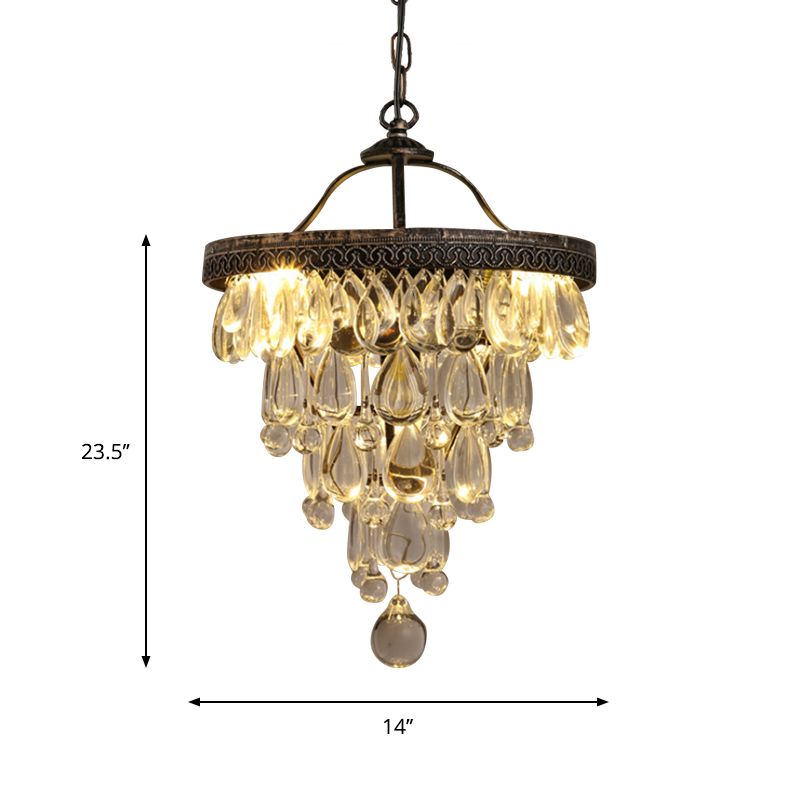 Teardrop Living Room Chandelier Light Fixture Countryside Clear Crystal 3-Light Bronze Hanging Lamp with Layered Design