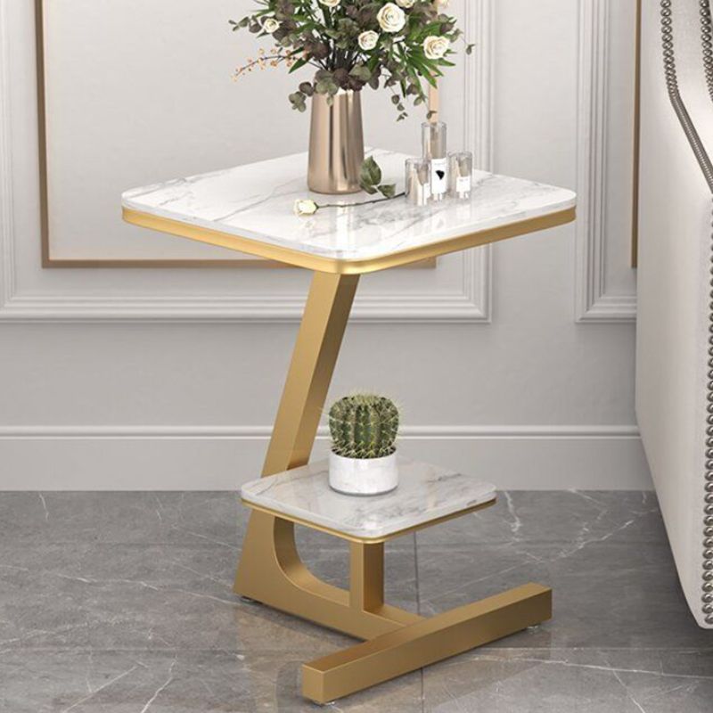 Modern Square Marble Top End Table Two-Tier Side Table with Iron Frame