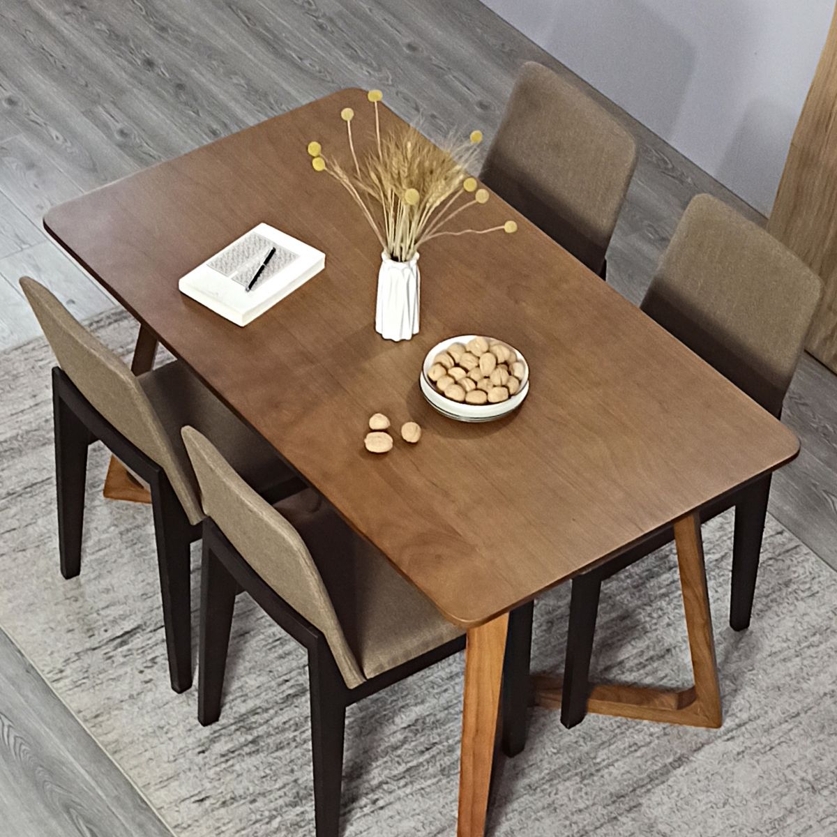 Modern Solid Wood Brown Dining Table Rectangle Shape Dining Table with Double Pedestal Bases