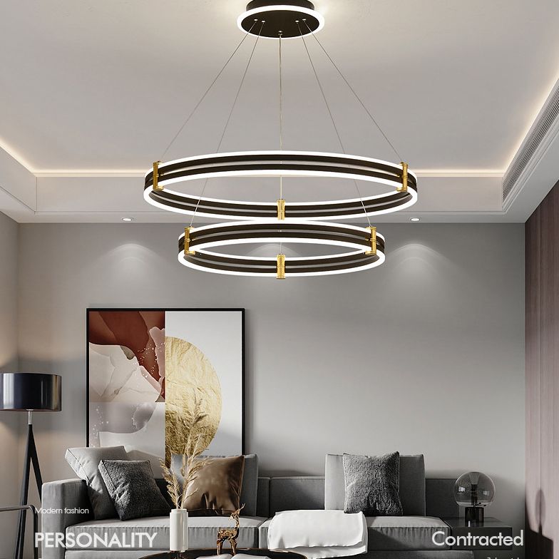 Black Tiered Round Chandelier Minimalist Acrylic LED Suspension Light for Living Room