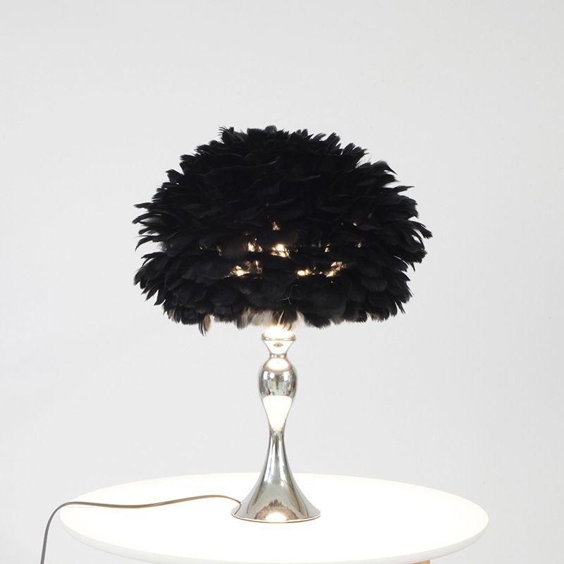 Black/Purple Dome Night Lamp Modern 1-Bulb Feather Table Light with Chrome Baluster Base