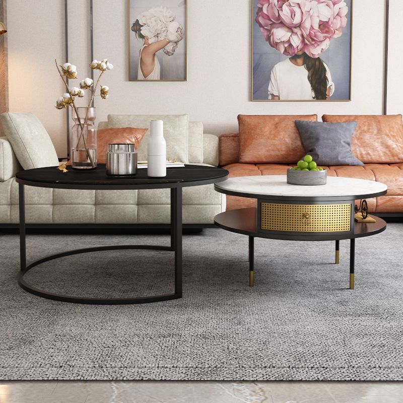 17.7" H Round Slate Coffee Table 4 Legs Cocktail Table with 2 Drawers