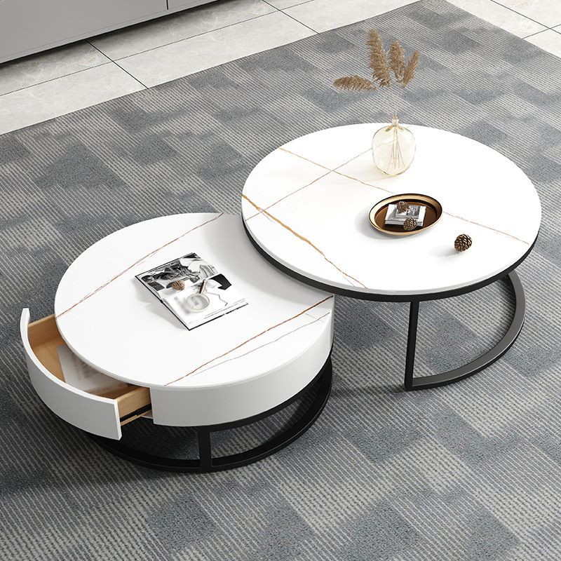 Modern Style Round Black and White Slate Top Nesting Coffee Table