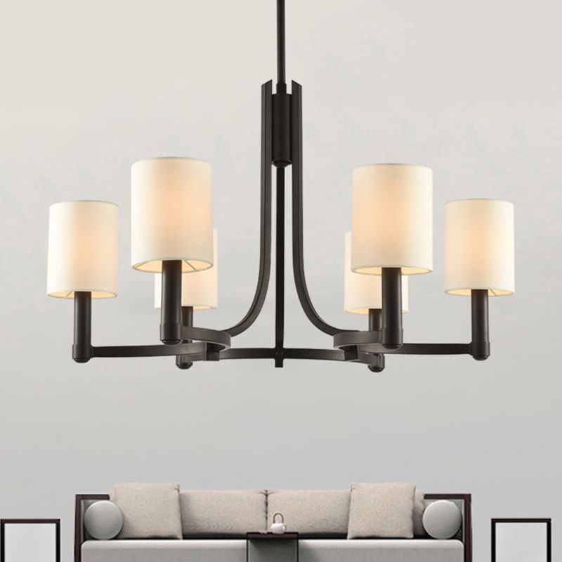 White Cylindrical Chandelier Lamp Traditional Fabric 6 Lights Living Room Hanging Light