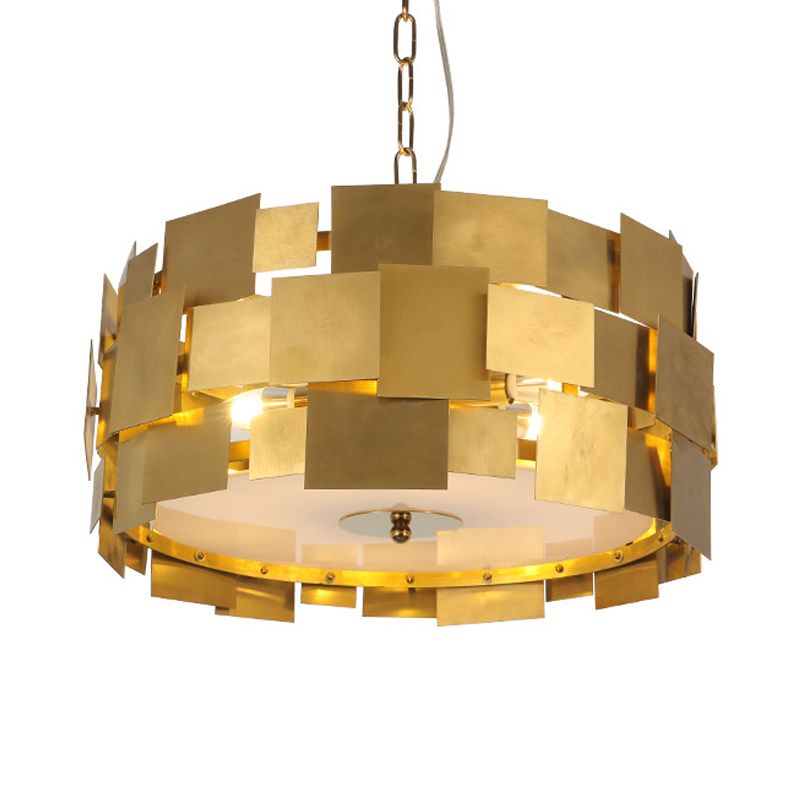 Goldene quadratische Panel Hanging Light Kit Post moderne 6 Lampenmetallische Trommeldecke Kronleuchter