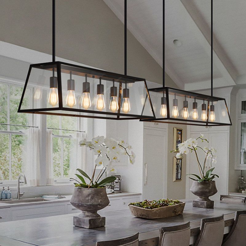 Rectangular Shape over Island Lighting Modern Style Metal 4 Lights Hanging Lamp in Black