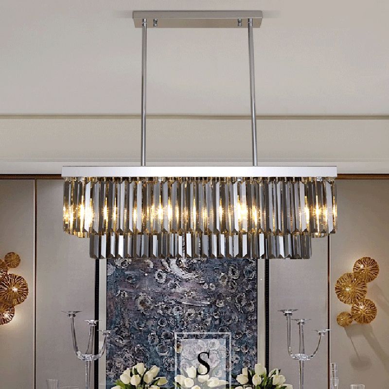 Rectangle Hanging Light Modern Smoke Gray Crystal Block 6/8/10 Heads Dining Room Chandelier Lamp