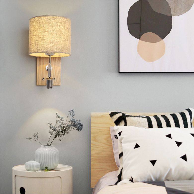 Cylinder Fabric Shade Bedside Reading Wall Light 2-Lights Wooden Simplicity Wall Sconce