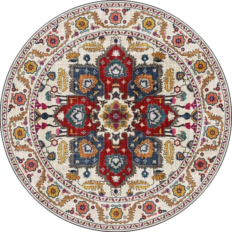Classic Medallion Pattern Rug with Floral Blue and Red Tribal Rug Polyester Washable Anti-Slip Backing Area Rug for Living Room