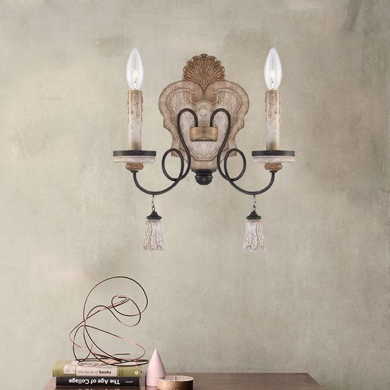 Lámpara de pared de salón con 2 luces de madera de campo estilo vela negra/blanca