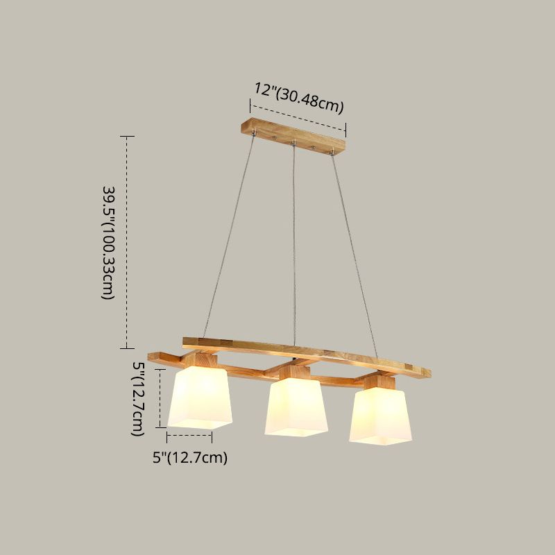 Nordic Personality Wood Island Pendant with Trapezoidal Glass Lampshade Dining Table Hanging Lamp