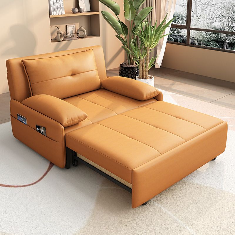 Modern Sofa Bed, Orange Faux Leather Futon and Mattress with Storage