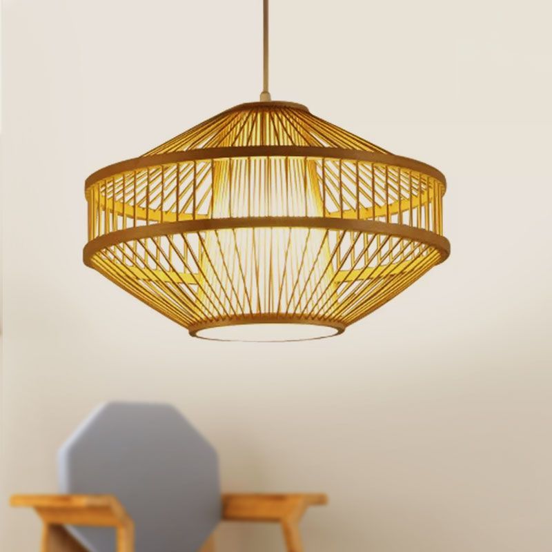 Modernist Style 1 Light Hanging Lamp with Bamboo Shade Beige Open-Weave Suspension Lamp for Restaurant