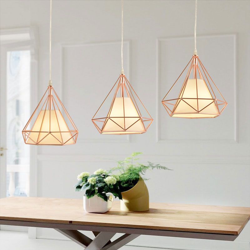 Rose Gold Diamond Cage Ceiling Light Macaron Style Metal and Fabric 1 Light Coffee Shop Pendant Lighting
